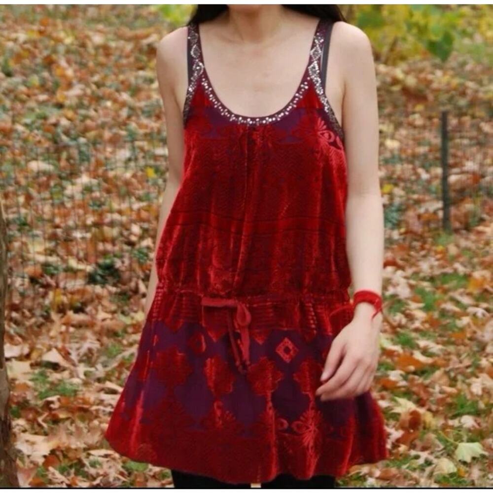 Free People Womens 0 Rare Vintage 2004 Red Purple Silk Sequin Boho Tunic Top